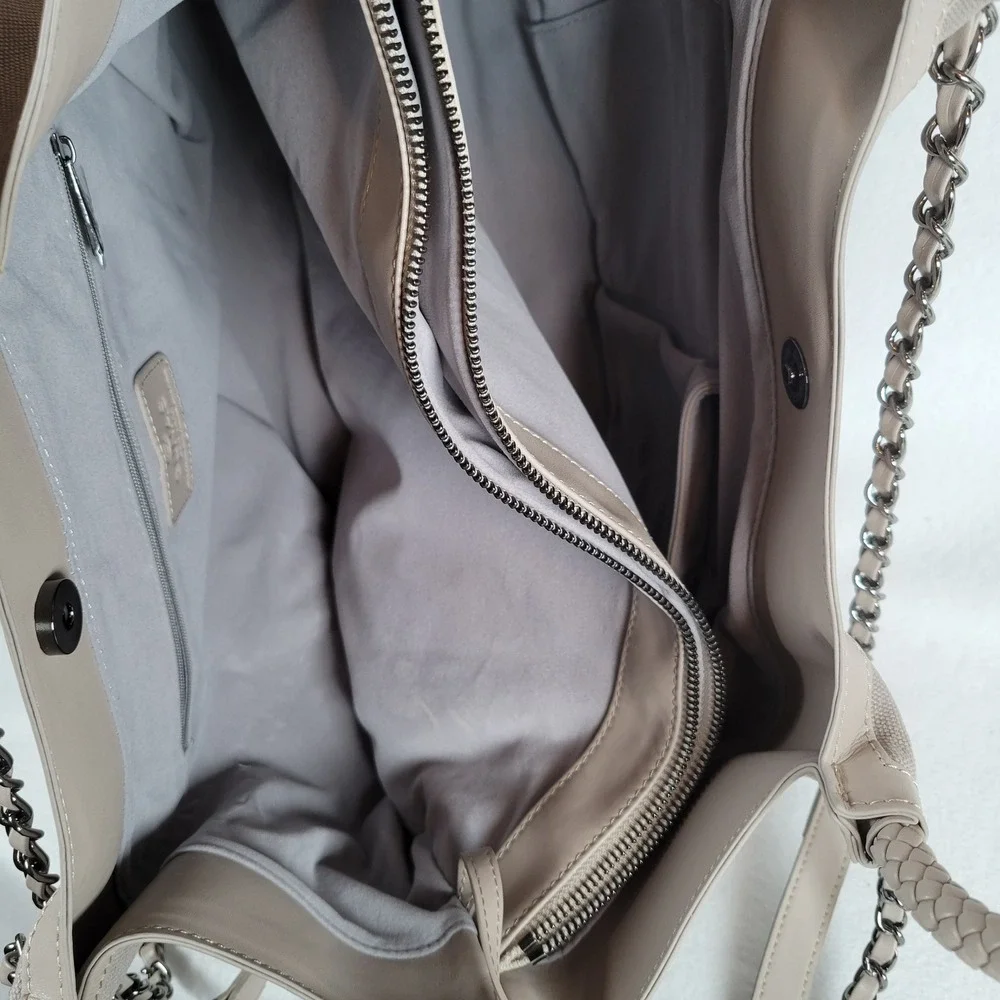 Gunas New York Womens Ruth Canvas Double Handle Large Tote Bag Pouch Stone Beige